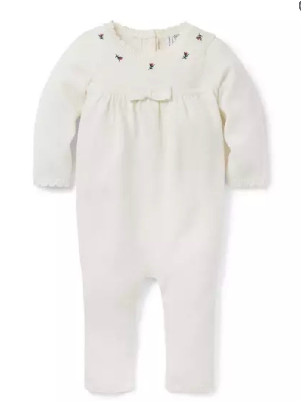 Janie and Jack Cream Long-Sleeve Embroidered Bow Baby One-Piece